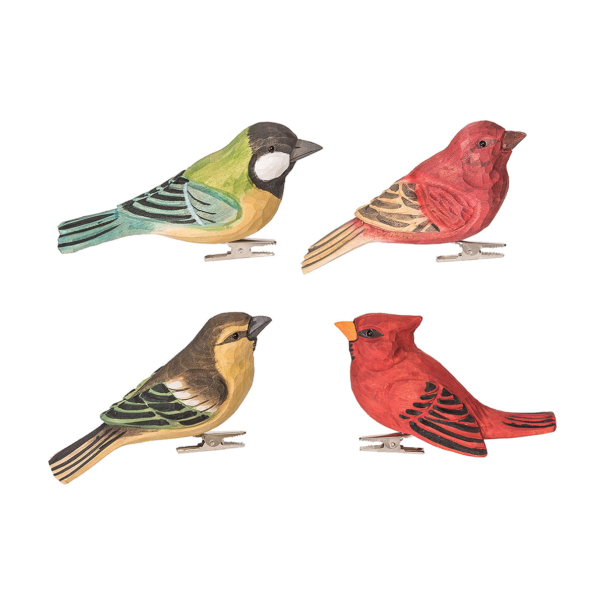 Wood Carved Bird Clip Ornament Set