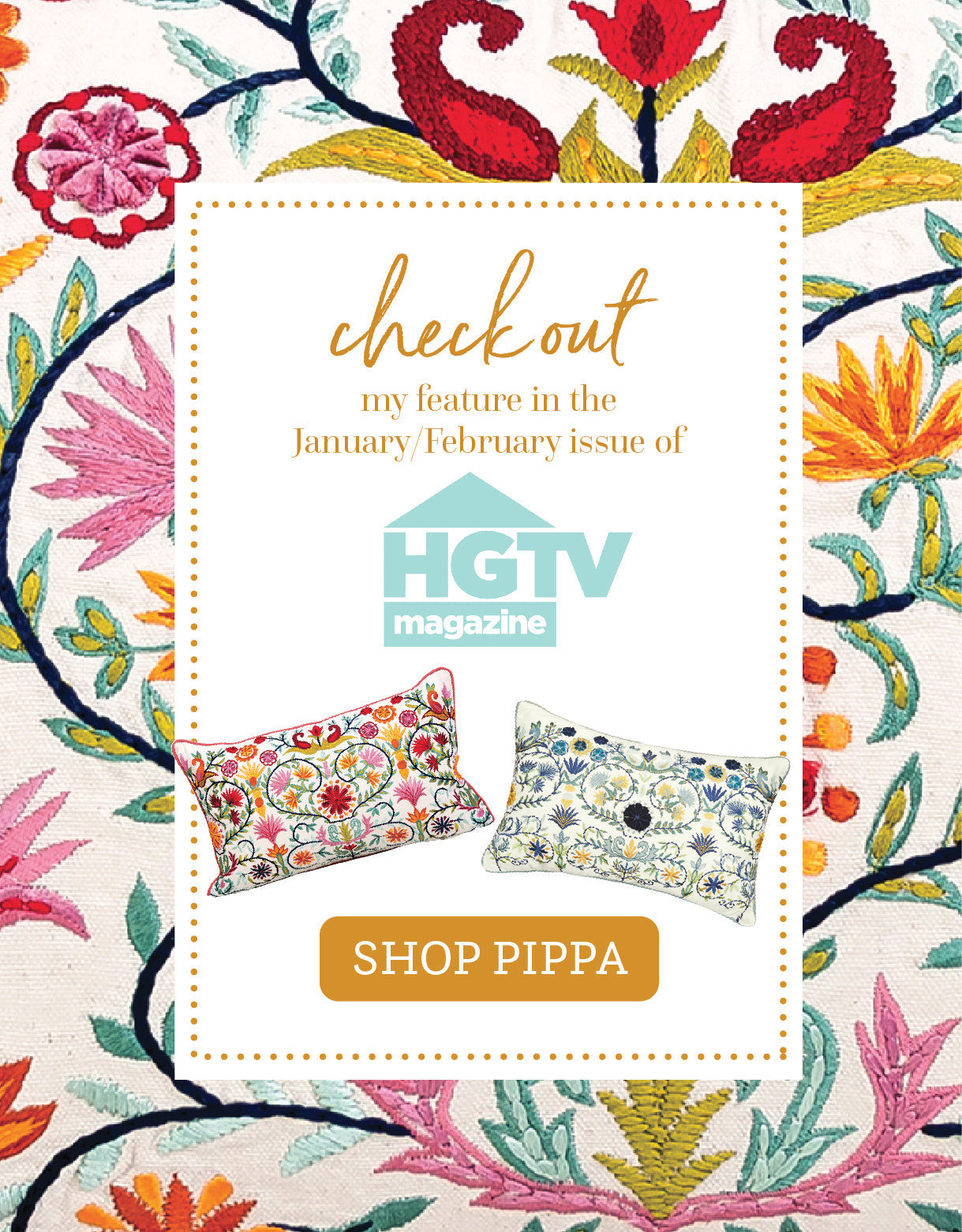 carol & frank's Pippa Decorative Pillow Featured in HGTV Magazine