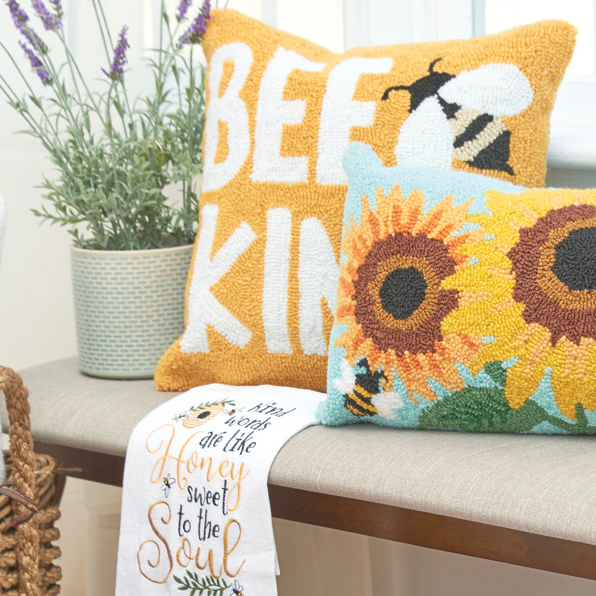 Bee Kind Hooked Pillow and Bee Kitchen Towel