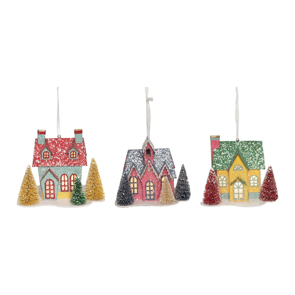boho christmas houses ornament, asst. of 3