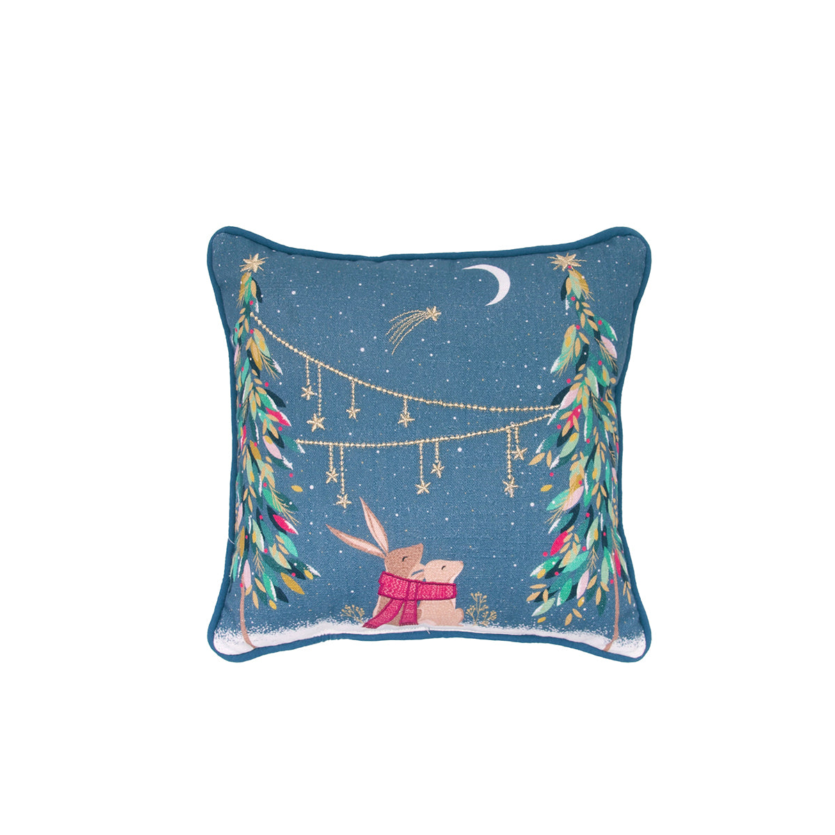 A 10in. x 10in. moonlit rabbits pillow.