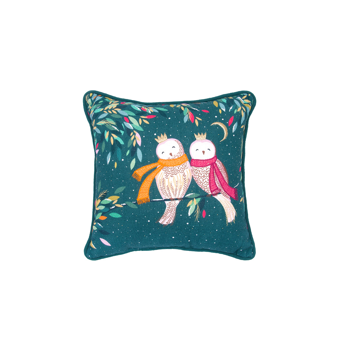 A 10in. x 10in. owls pillow.