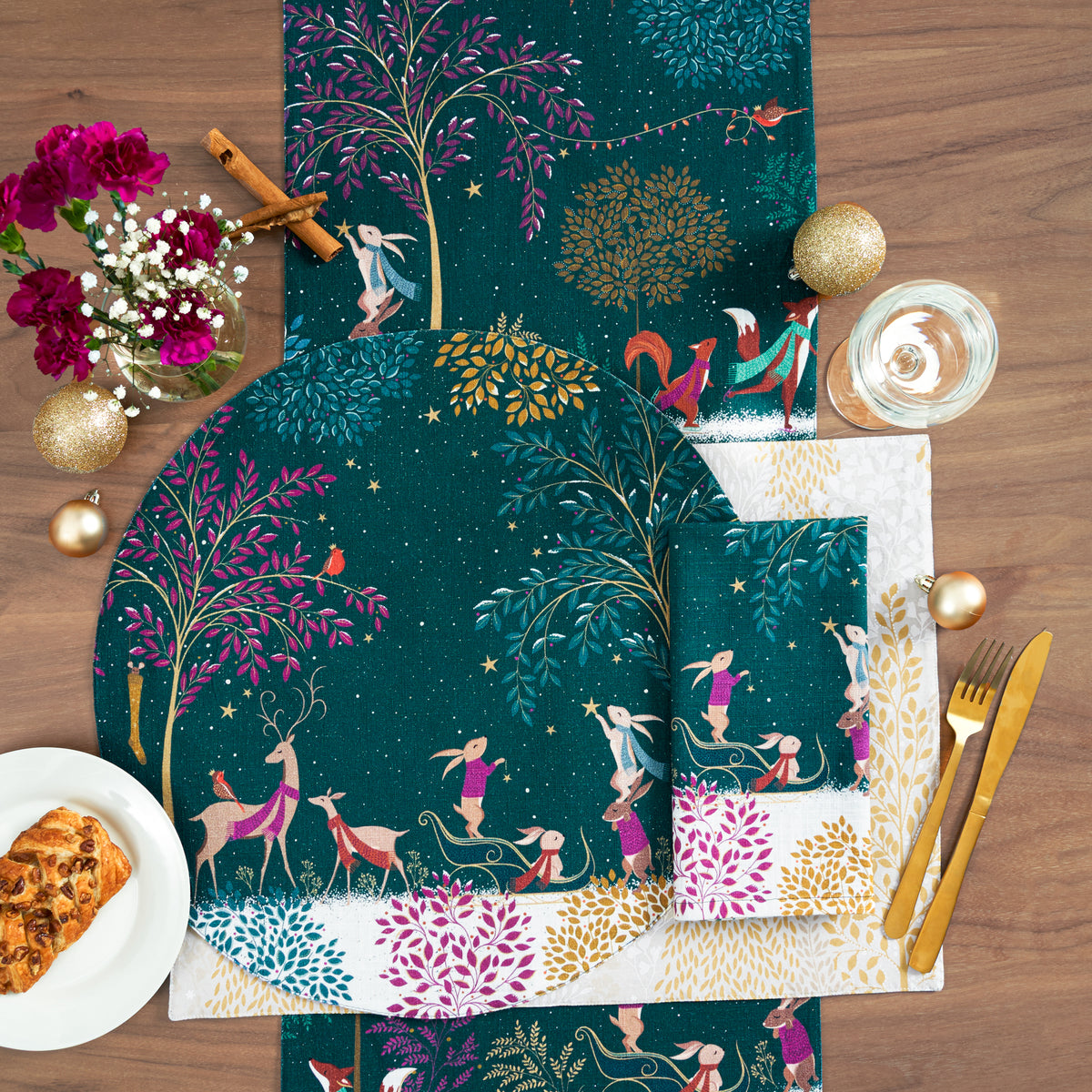 woodland tales table linens table linens displayed as a coordinated tabletop setting.