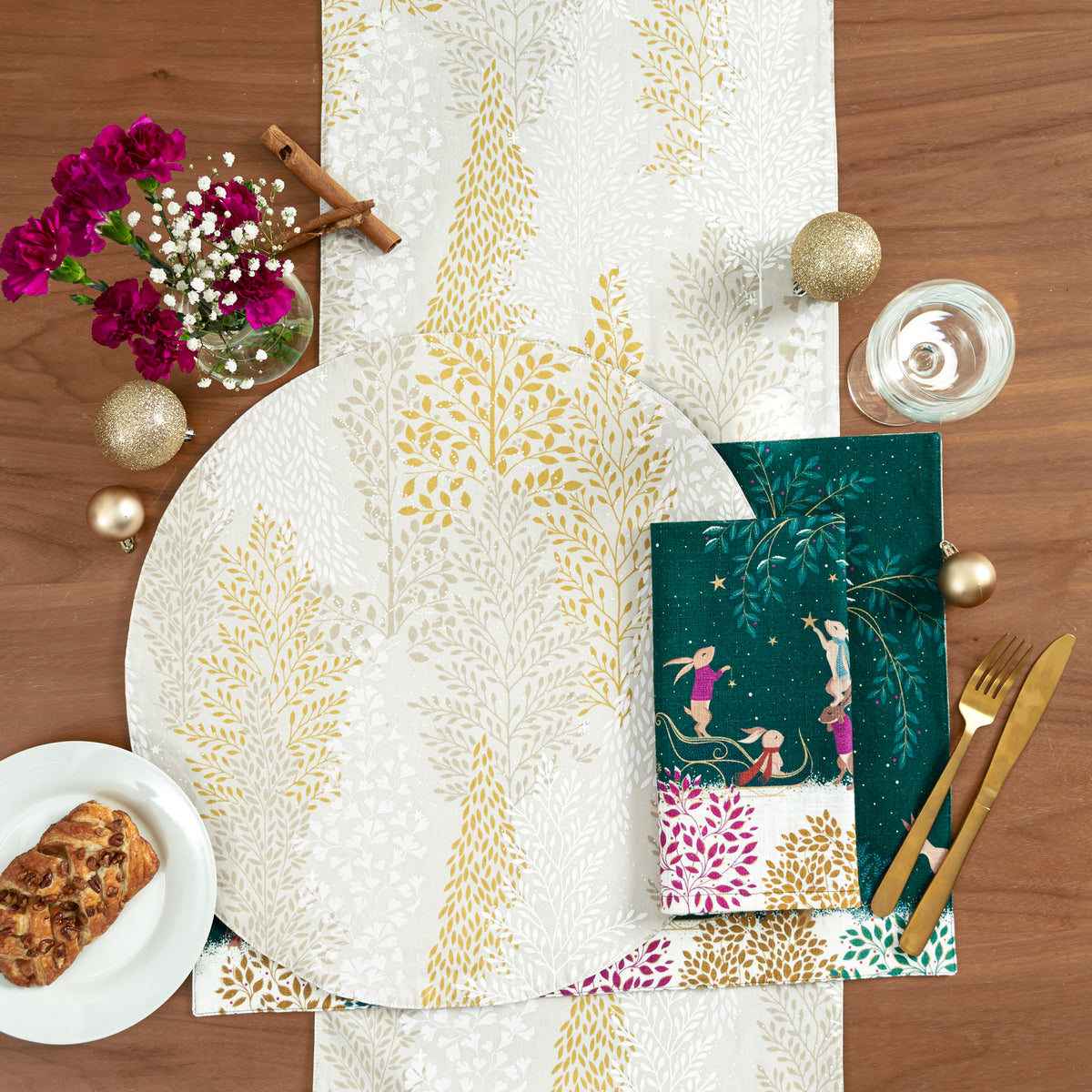 woodland tales table linens table linens displayed as a coordinated tabletop setting.