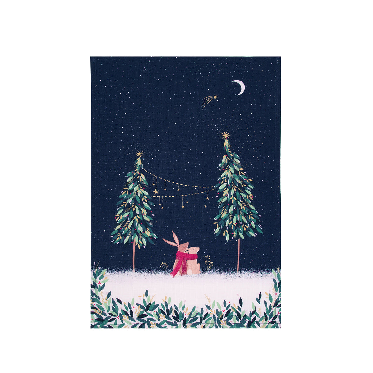A moonlit rabbits screen printed towel.