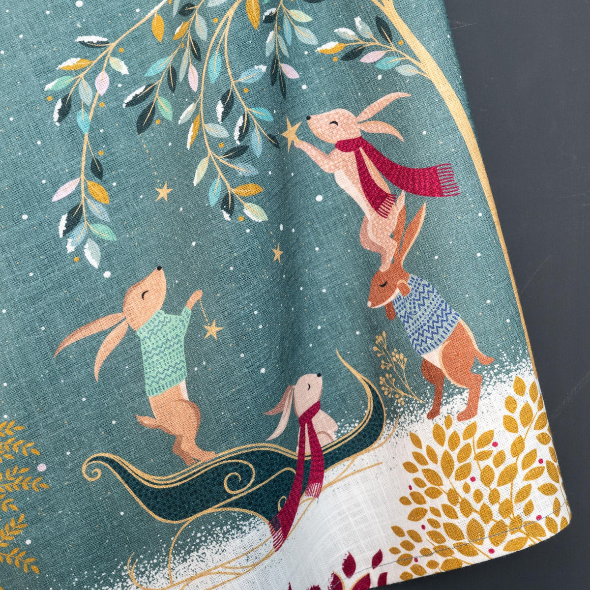 A rabbit sleigh screen printed towel.