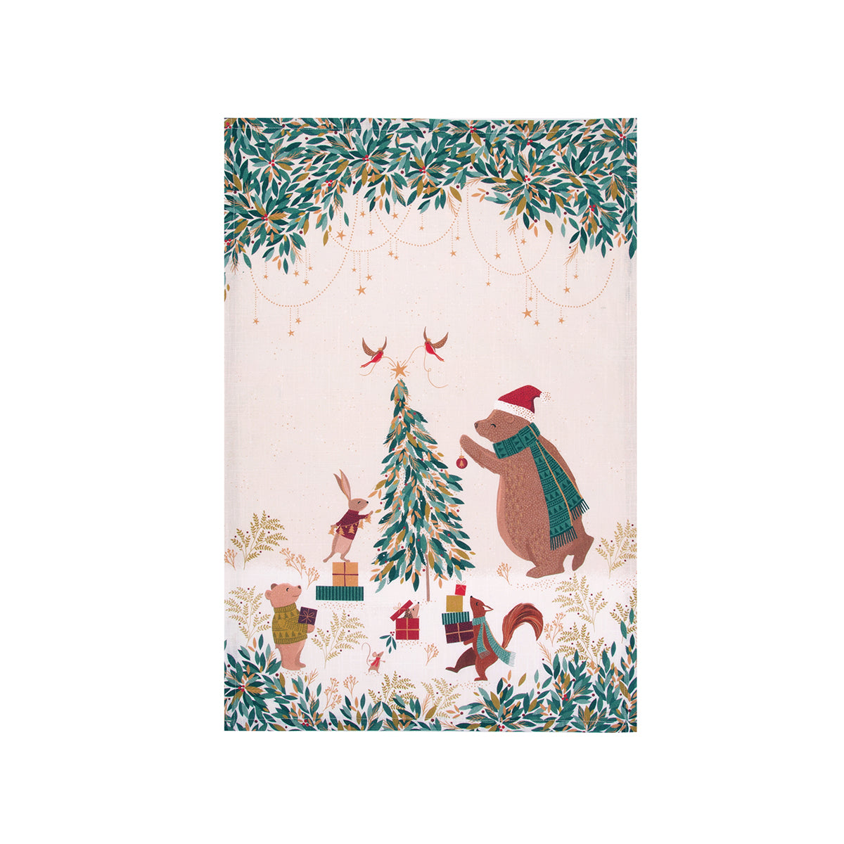 A tree decorating screen printed towel.