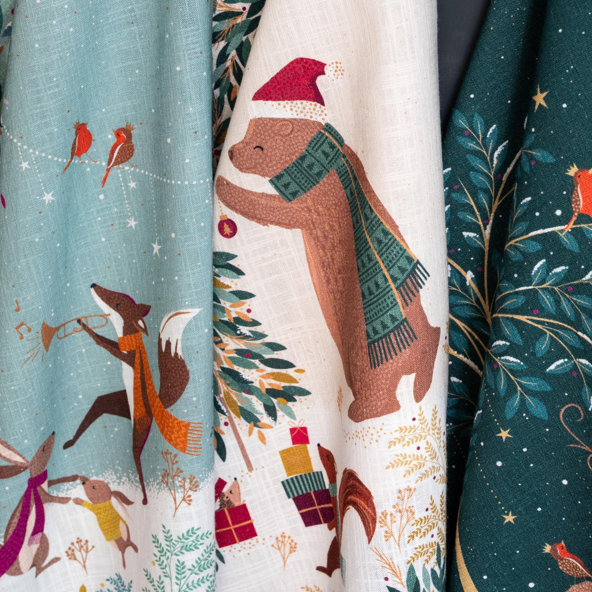 A tree decorating screen printed towel.