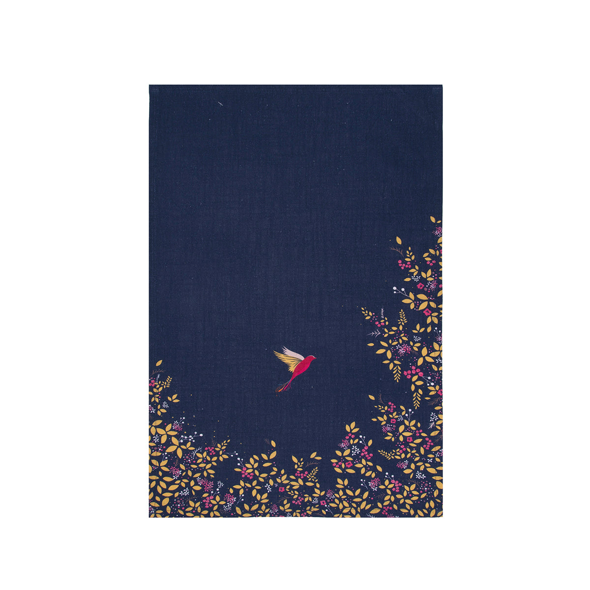 A navy hummingbird screen printed towel.