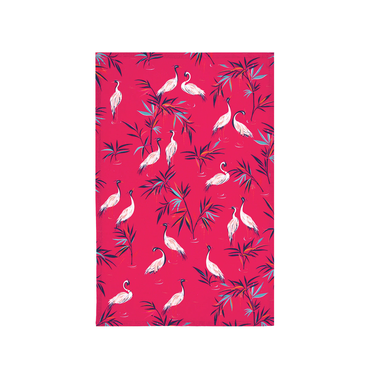 A pink crane screen printed towel.