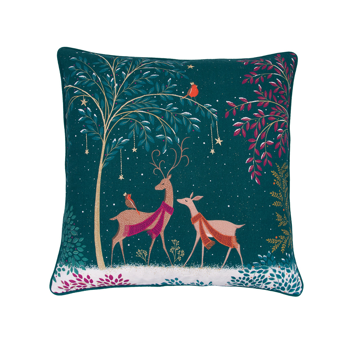 A 20in. x 20in. deer pillow.