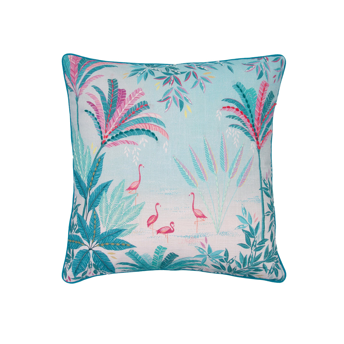 A 20in. x 20in. flamingo palms pillow.
