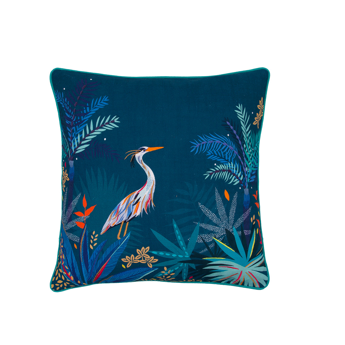 A 20in. x 20in. teal heron pillow.