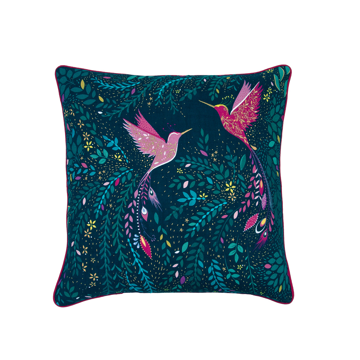 A 20in. x 20in. hummingbird paradise pillow.