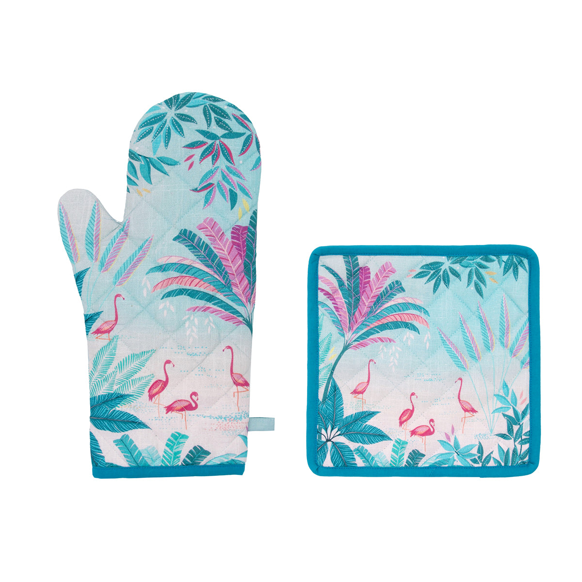 A flamingo palms oven mitt & potholder set.
