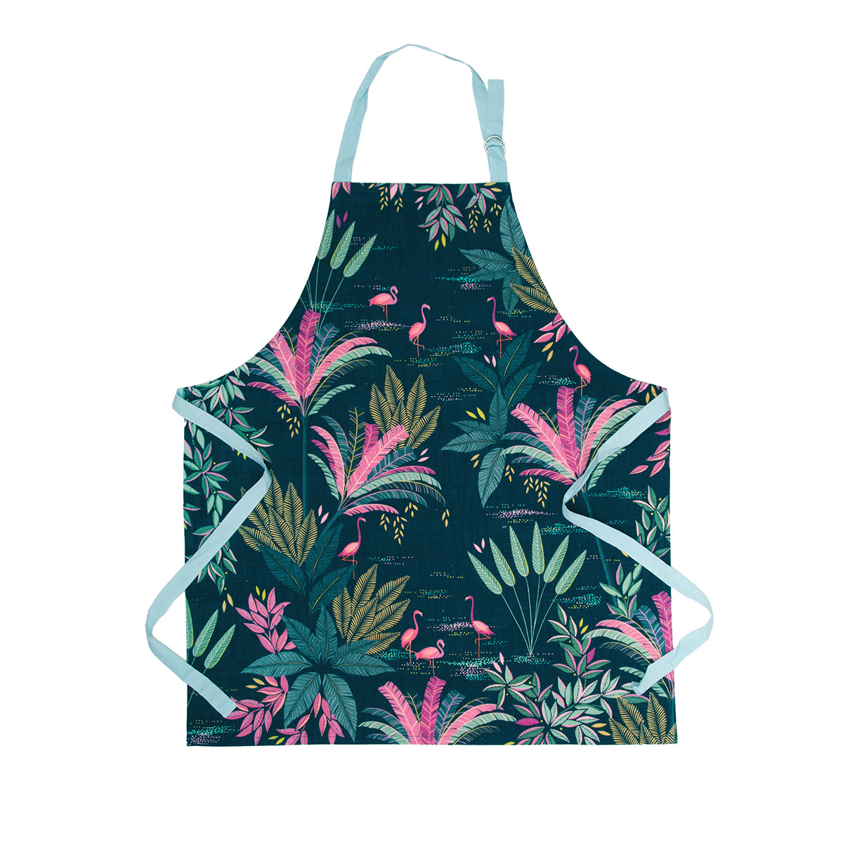 A flamingo palms navy apron.