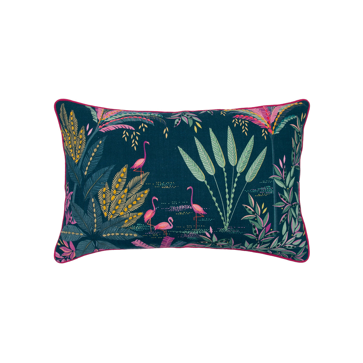 A 14in. x 22in. navy palm pillow.