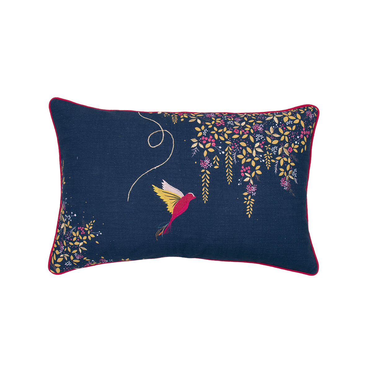 A 14in. x 22in. navy hummingbird pillow.