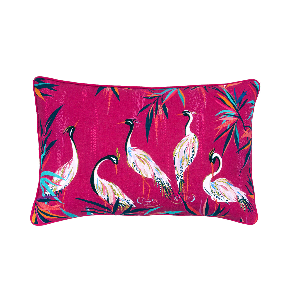 A 14in. x 22in. pink crane pillow.