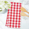 woven red and white checkered gingham kitchen towel on a marble countertop