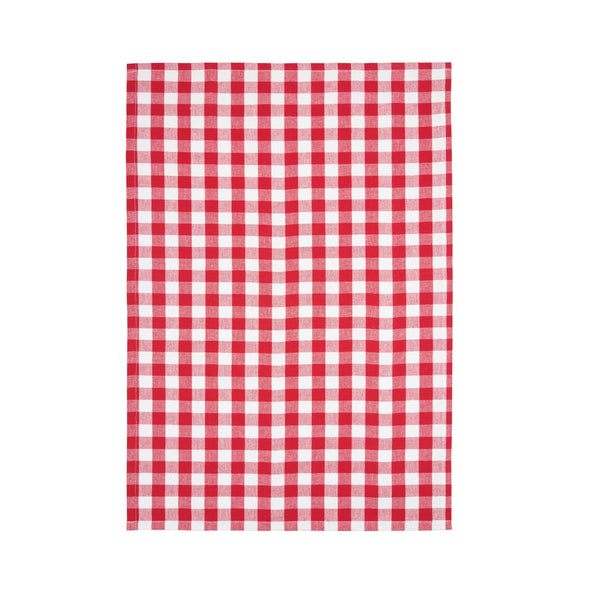 unfolded woven red and white checkered gingham kitchen towel