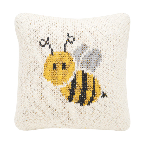 Bee knitted gift pillow with a neutral background and an adorable honeybee design on its front