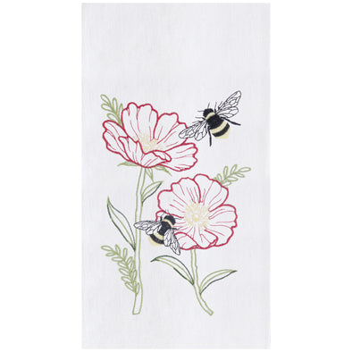 flour sack towel with red pink poppy flowers and two fluttering bees buzzing around