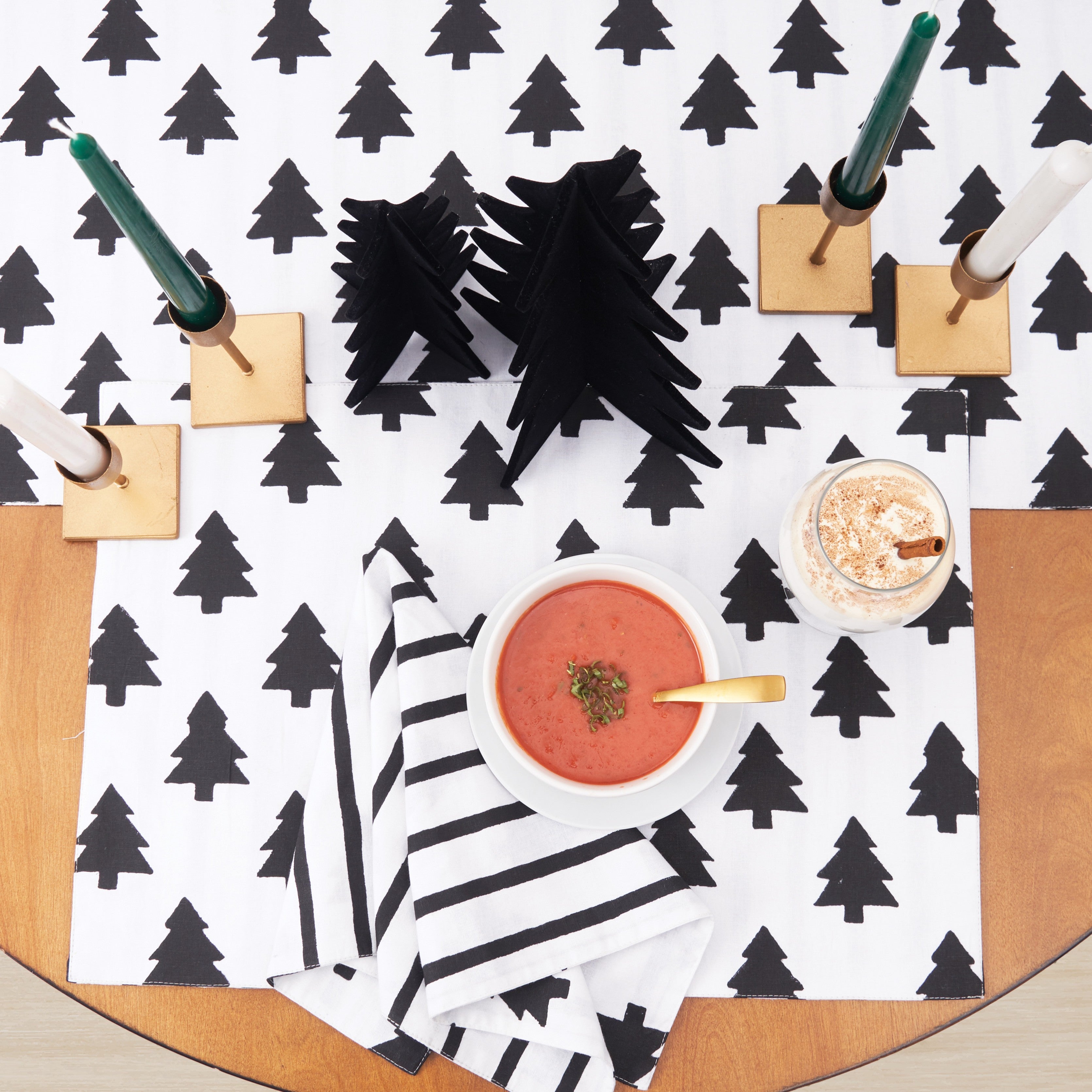 black & white forest table linens