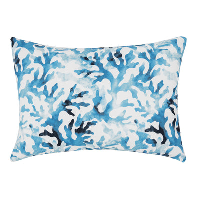 watercolor style blue coral pattern on an indoor outdoor pillow