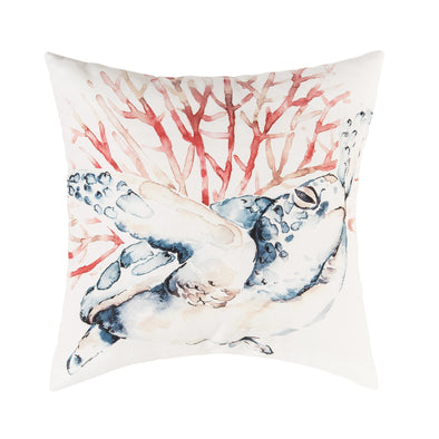 painterly sea turtle and coral on a neutral pillow
