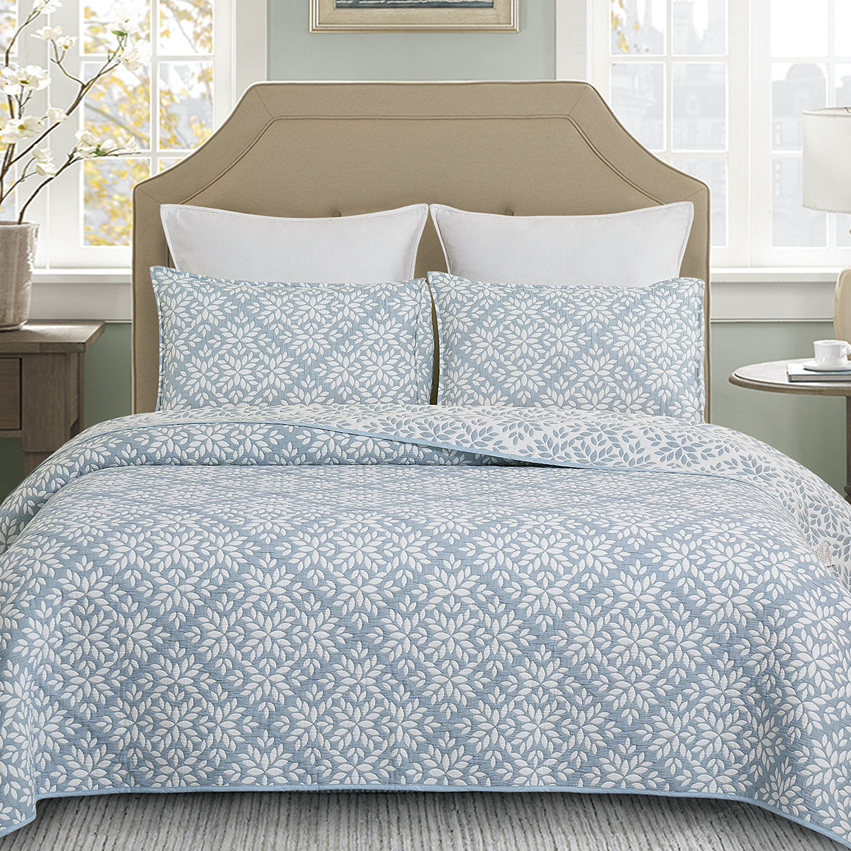 Blue Leaves Coverlet Set