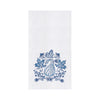 white towel with a blue gound surrounded by leaves, acorns, and a butterfly and bee