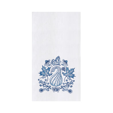 white towel with a blue gound surrounded by leaves, acorns, and a butterfly and bee