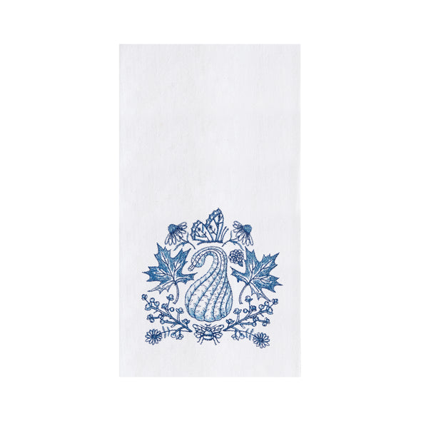 white towel with a blue gound surrounded by leaves, acorns, and a butterfly and bee