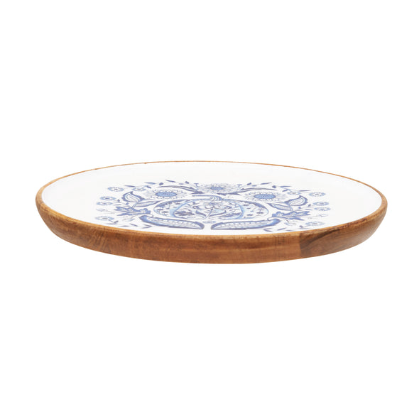 side view showcasing the mango wood exterior of the blue pumpkin tray