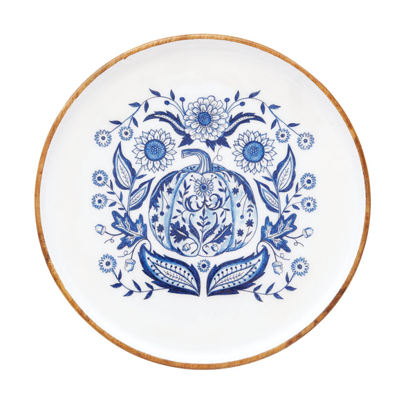 Wood plate with a white bottom featuring a blue pumpkin and sunflower design