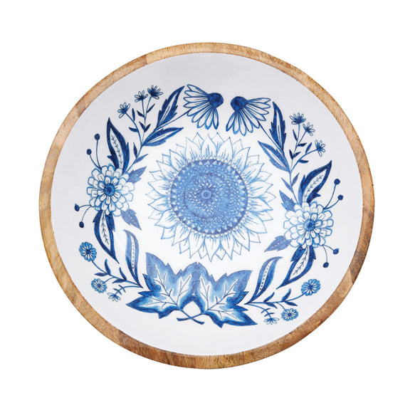 wood bowl with a white base inside then a blue sunflower and leaf pattern