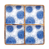 Square wood tray with 4 even square sections with a white background featuring a blue sunflower pattern on top