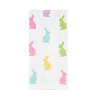 printed towel with pink green blue and yellow bunnies in an all over pattern