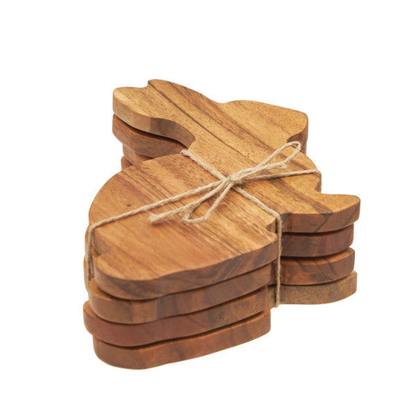 acacia wood coaster set of four shaped like a bunny tied together with a string