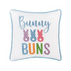 Embroidered with a colorful pastel palette, and pom-pom tufts with the words "bunny buns" and 3 bunny figures