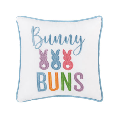 Embroidered with a colorful pastel palette, and pom-pom tufts with the words "bunny buns" and 3 bunny figures