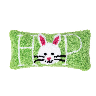 This mini green Bunny Hop hooked pillow features the word HOP in white with a cute bunny face standing in as the O. 