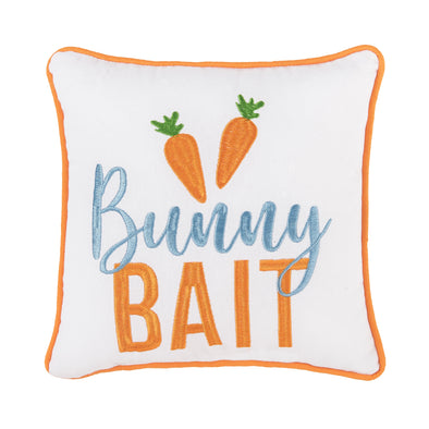 Embroidered in a blue and orange palette with the words "bunny bait" and carrots at the top