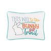 With a sweet Easter design embroidered in a colorful palette of teals, orange, and yellow. With the words "this way to the bunny trail" with a bunny icon, bunny feet as well as an arrow 