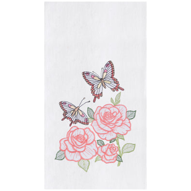 flour sack towel with three bright pink roses and two colorful butterflies flying over top