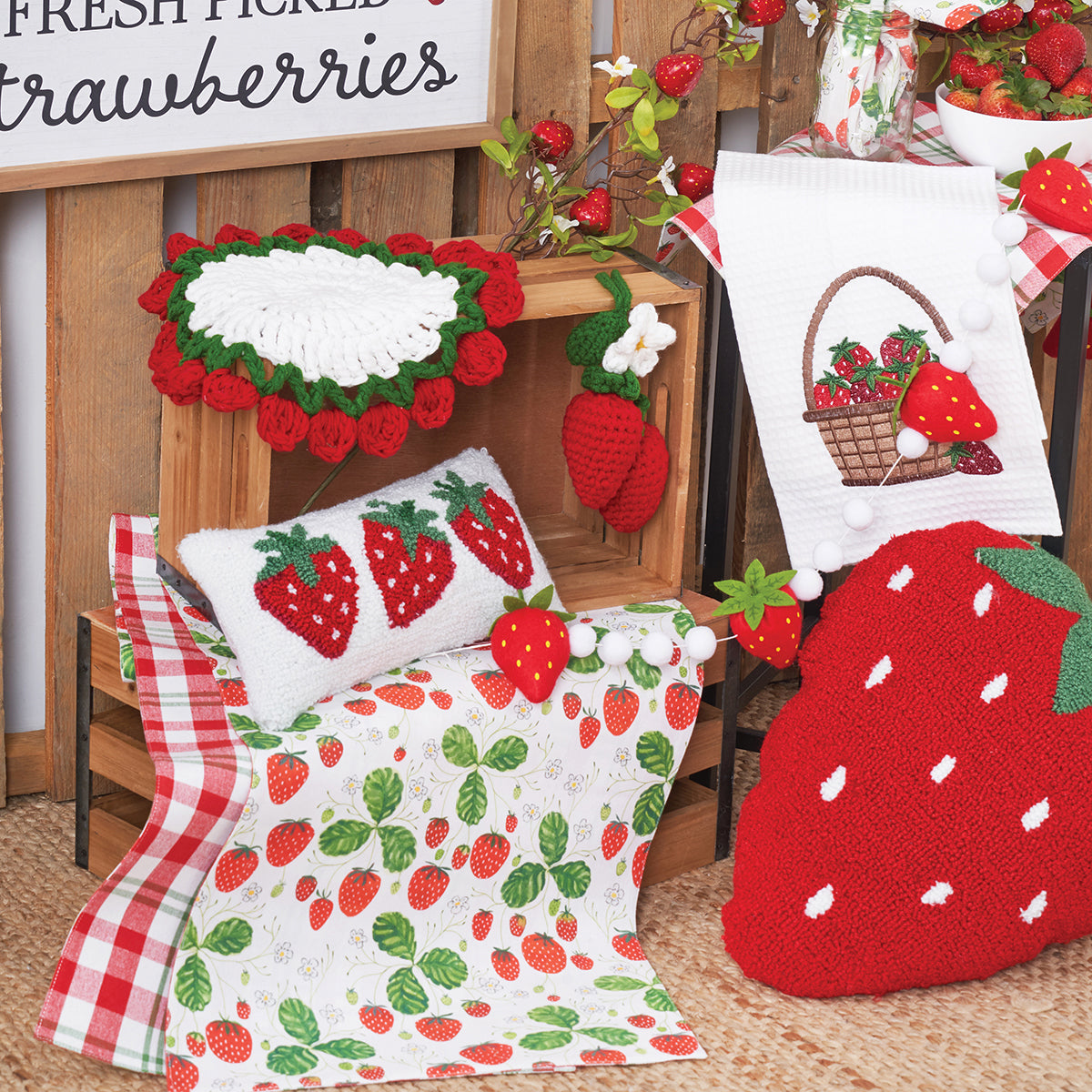 Strawberry Trio Hooked Mini Pillow
