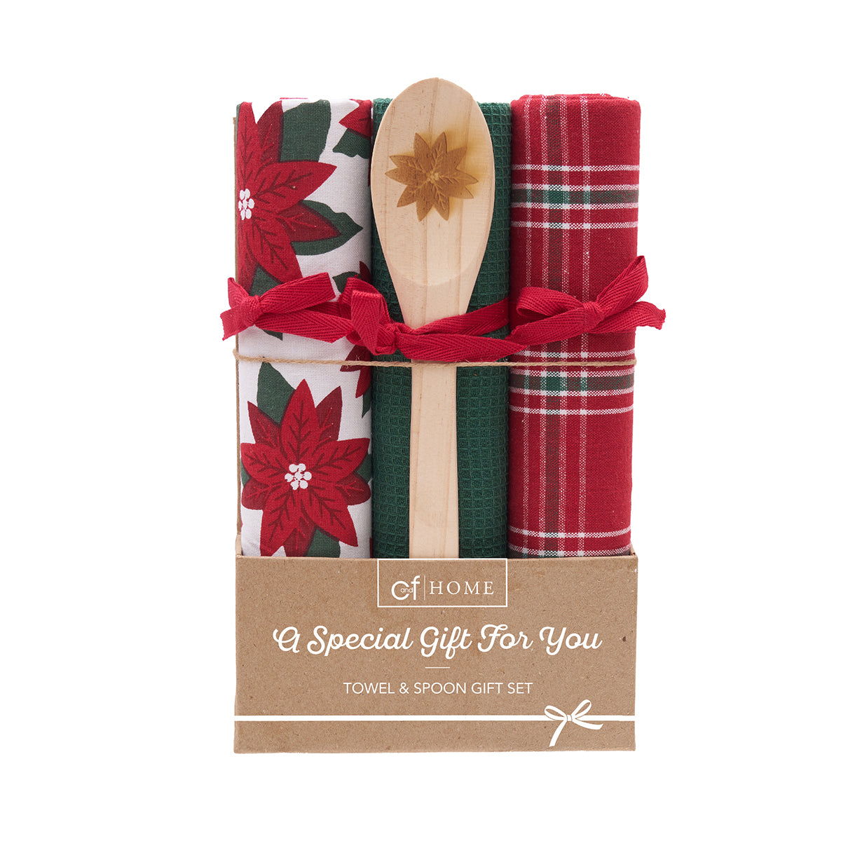 Poinsettia Plaid Kitchen Towel & Spoon Set