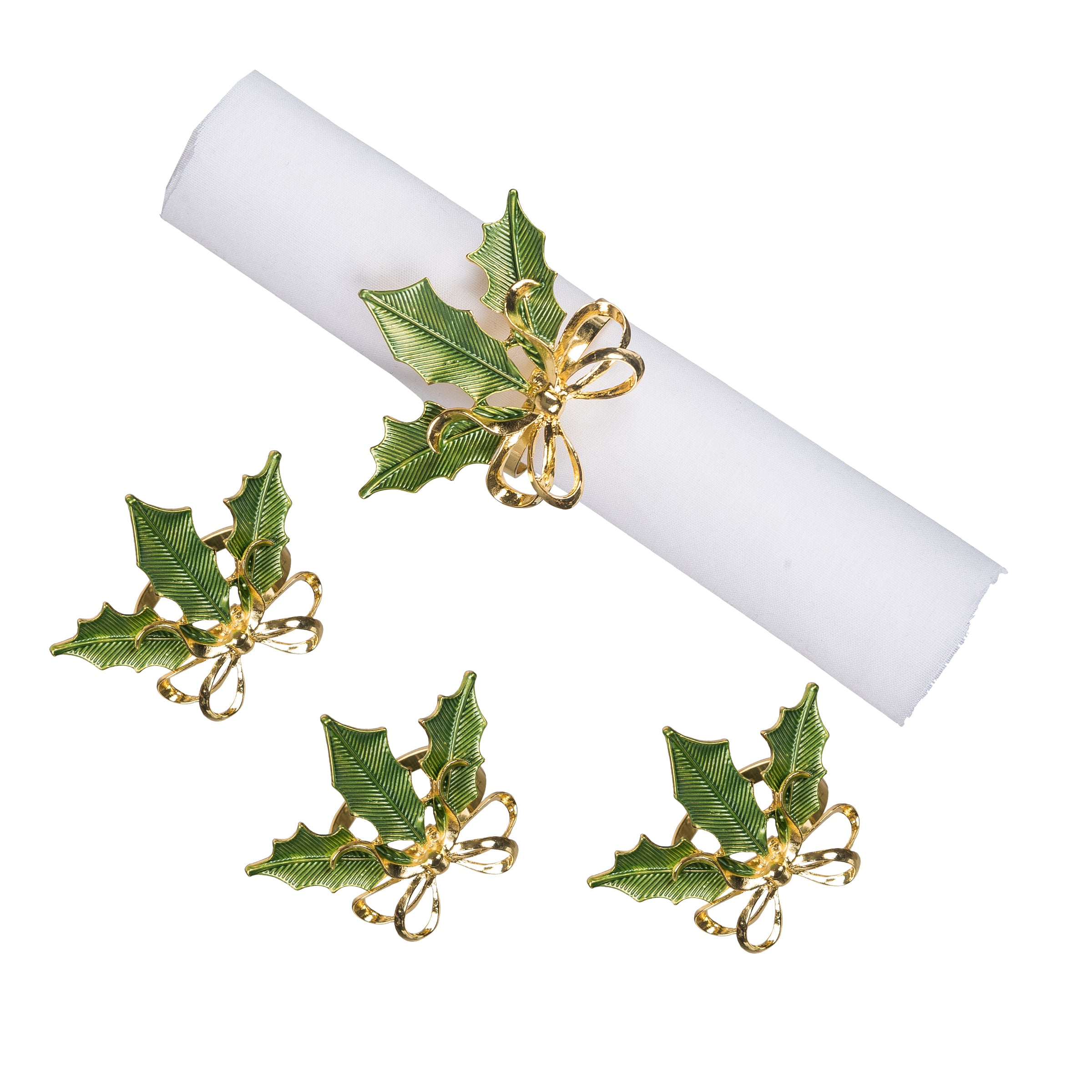 Green & Gold Holly Napkin Ring, Set of 4