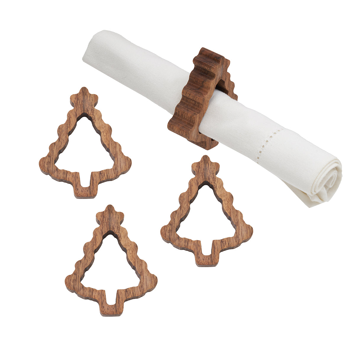 Christmas Tree Acacia Wood Napkin Rings, Set of 4